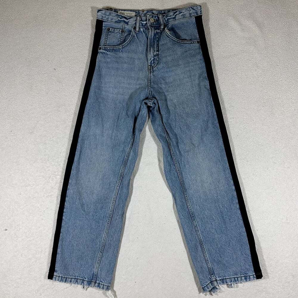 Zara Women 30 Light Wash Blue Jeans Black Side Stripe Raw Hem Straight Leg Denim